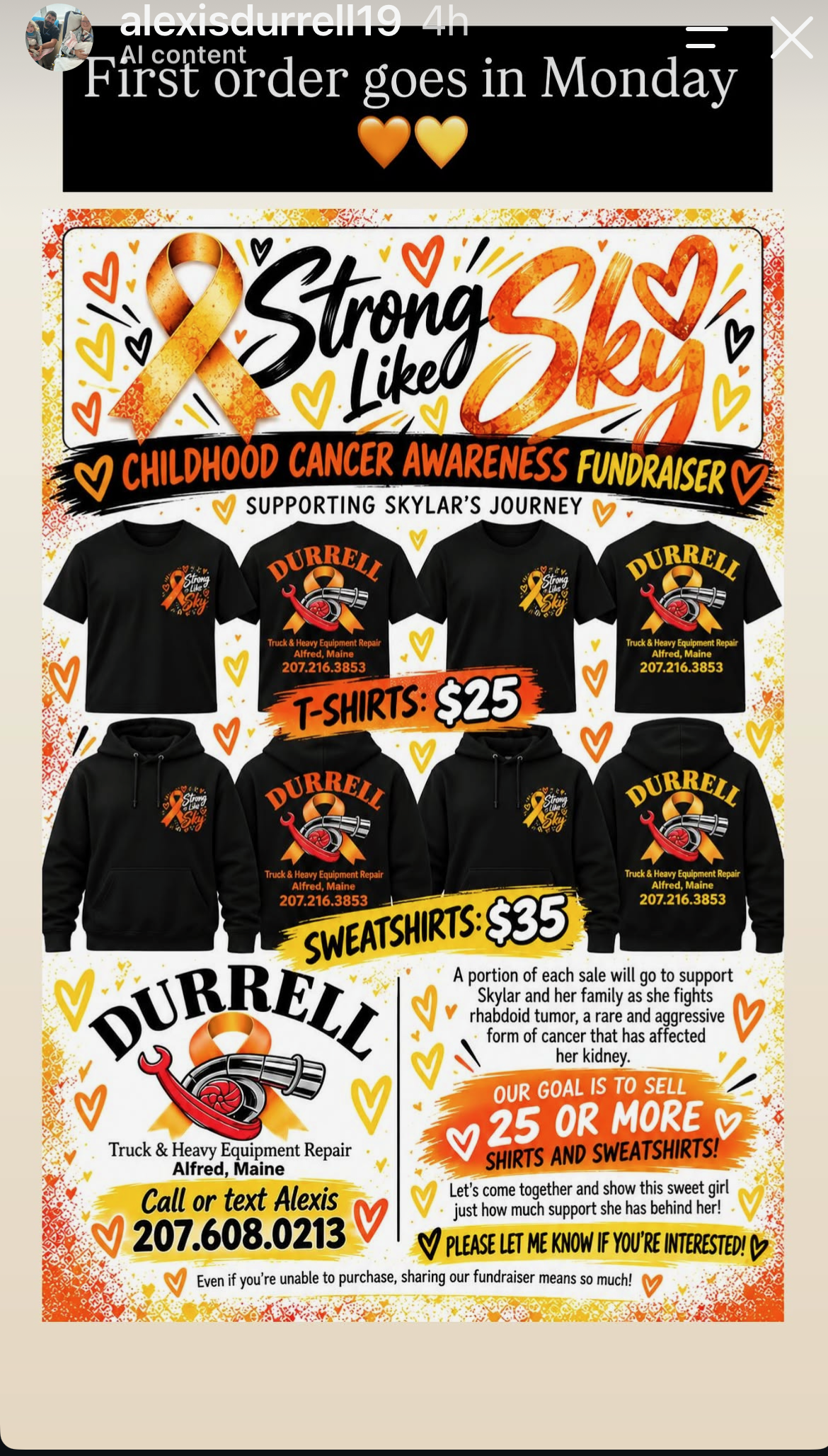 Original flyer with black T-shirts and hooded sweatshirts, orange and yellow designs, and Alexis’s contact information